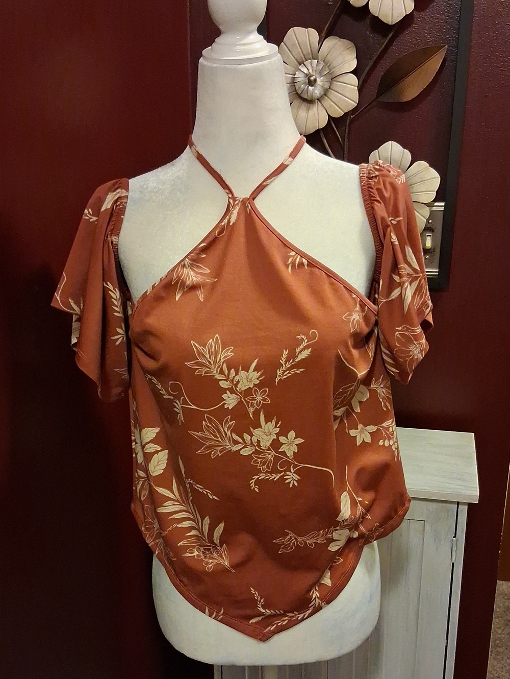 Rust Floral Halter Cold-Shoulder Women's Top
